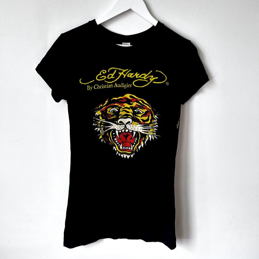 Ed Hardy by Christian Audigier T -Shirt Tiger Size L Black Tunic Vintage Y2K